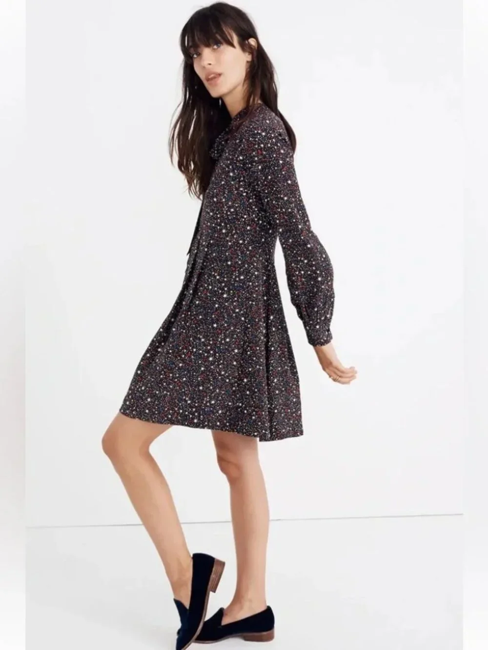Madewell Balsam 100% Silk Tie-Neck Dress in Starry Night Size 6 - Picture 2 of 12